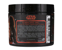 Star Wars themed product container with black lid and red label on a white background