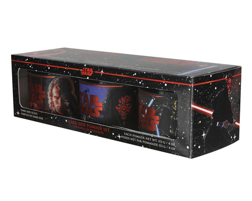 Box of Star Wars-themed pomade products with images of characters on a black background.
