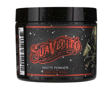 Suavecito Matte Pomade jar with black lid and starry design on a white background