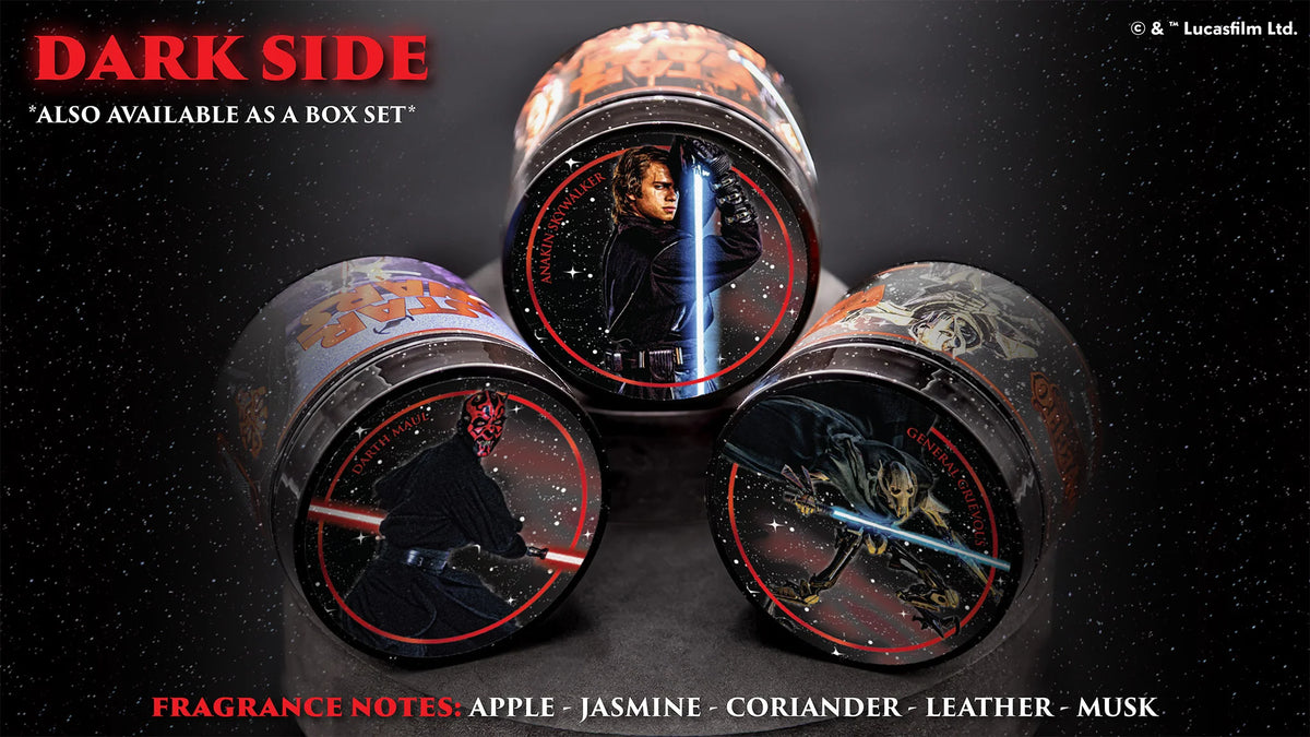 Star Wars-themed product packaging with characters on a dark background