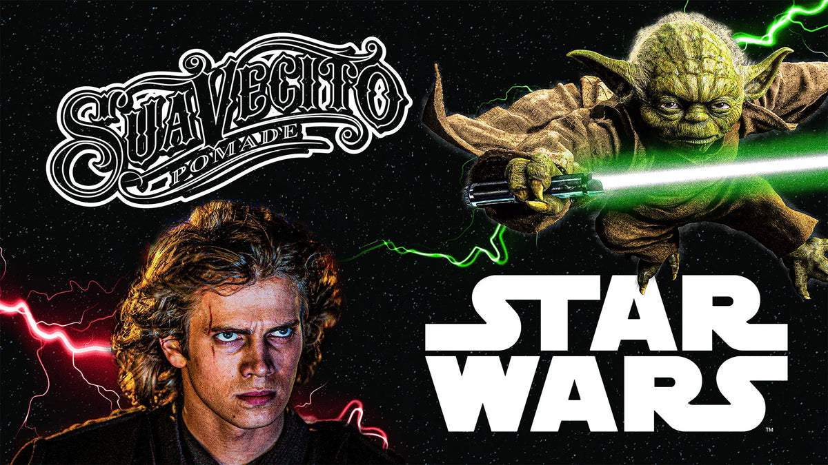 Two characters from 'Star Wars' with the text 'Suavecito' and 'Star Wars' on a dark background.