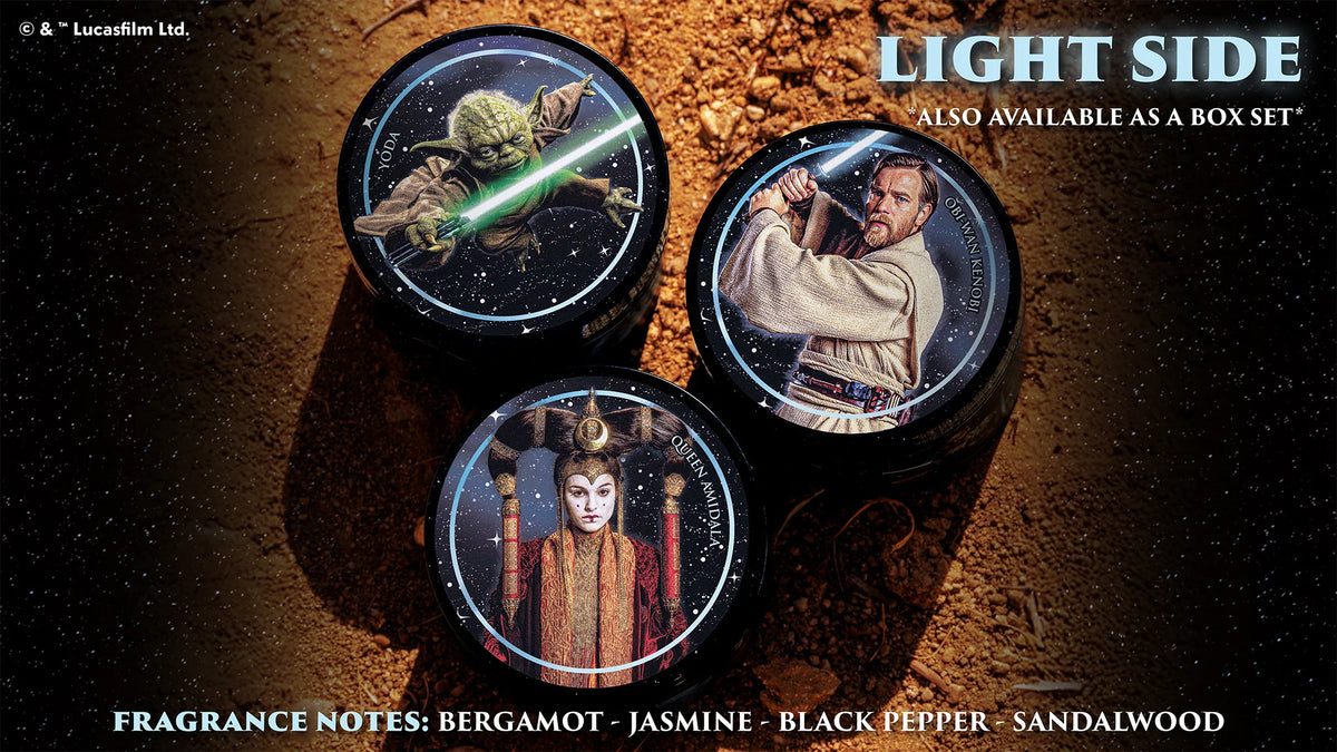 Three Suavecito Pomade containers with images of characters and 'Light Side' branding on a dark background.