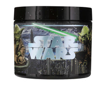 Star Wars-themed container with Yoda and a lightsaber on a black background